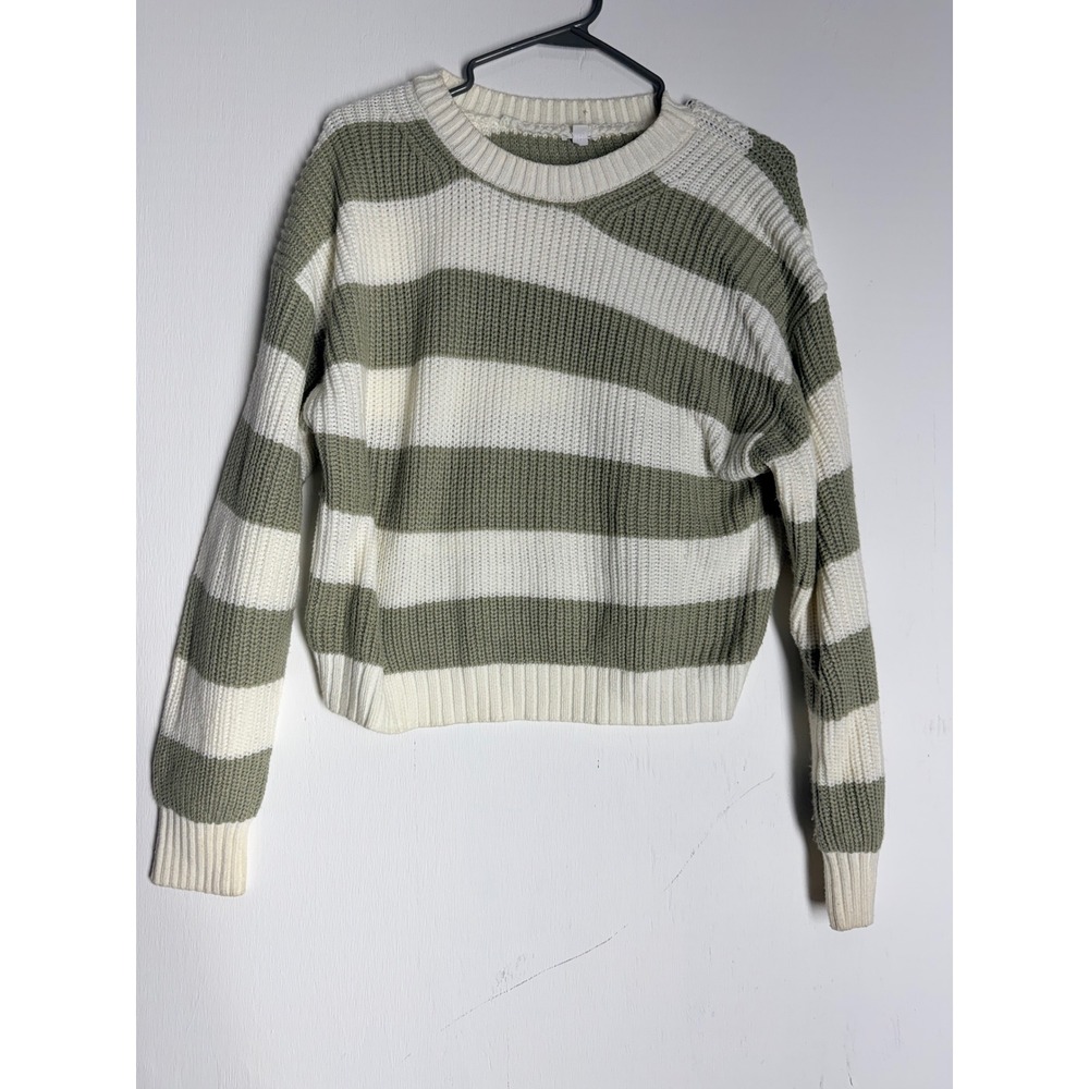 Garage Sage Green White Striped Cropped Knit Sweater Small Ribbed Pullover